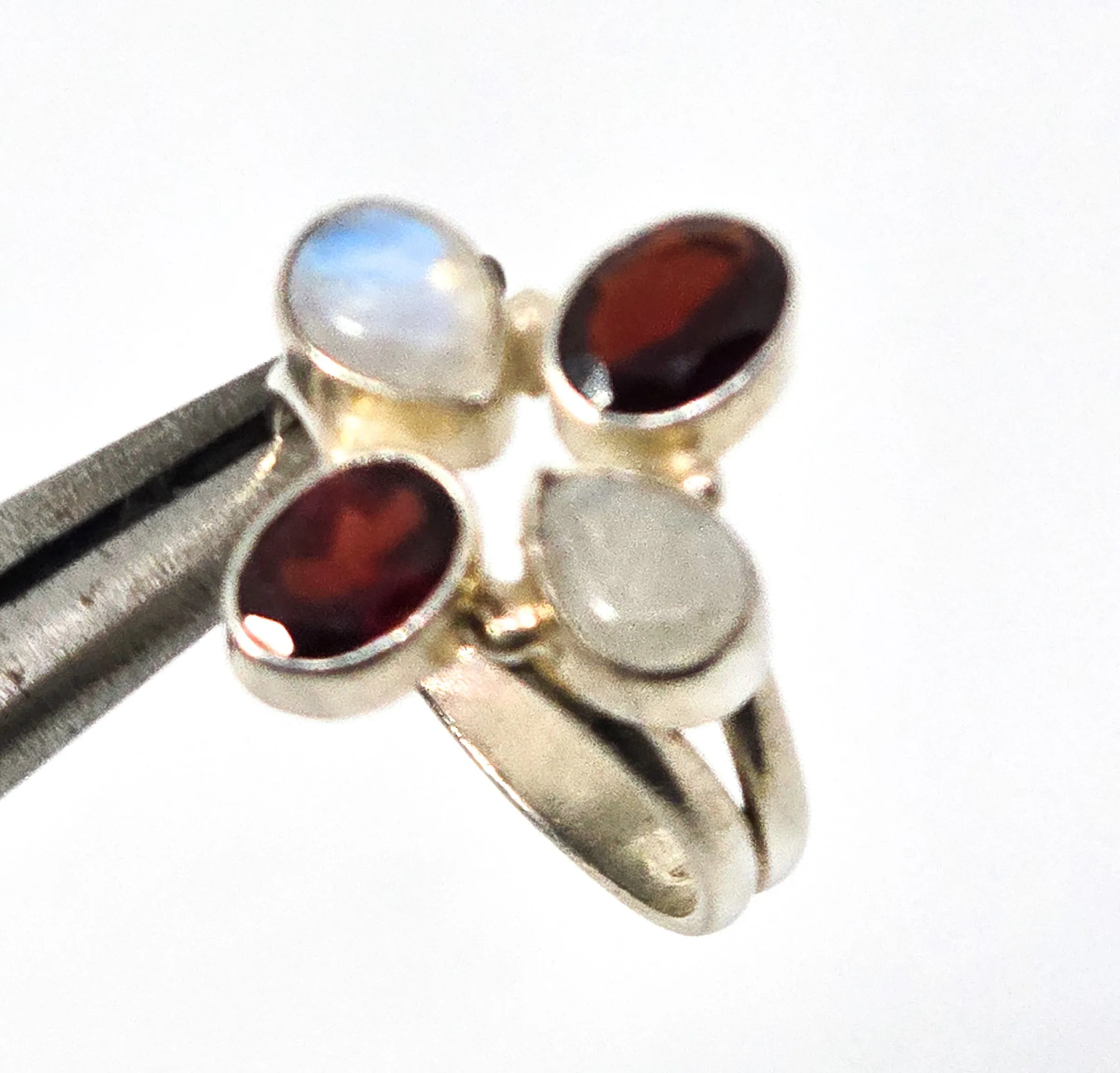 Flashy RainbowBlue Moonstone and garnet gemstone sterling silver ring size 8