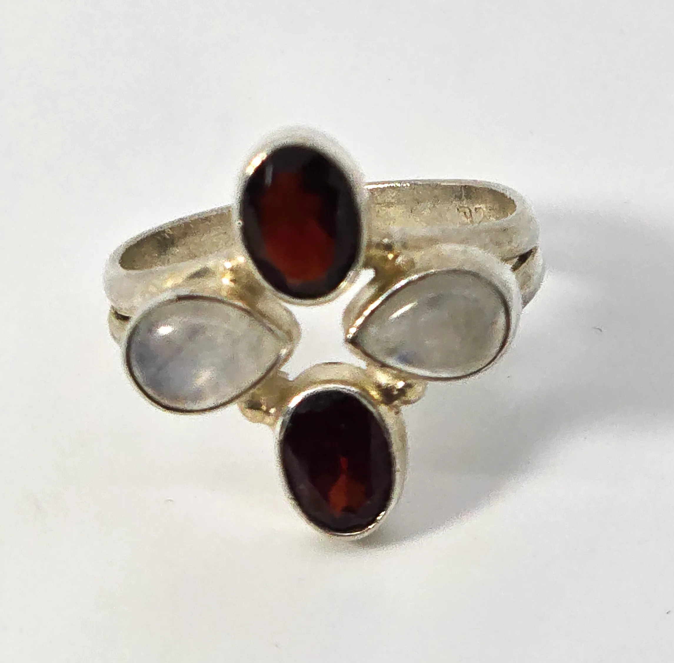 Flashy RainbowBlue Moonstone and garnet gemstone sterling silver ring size 8