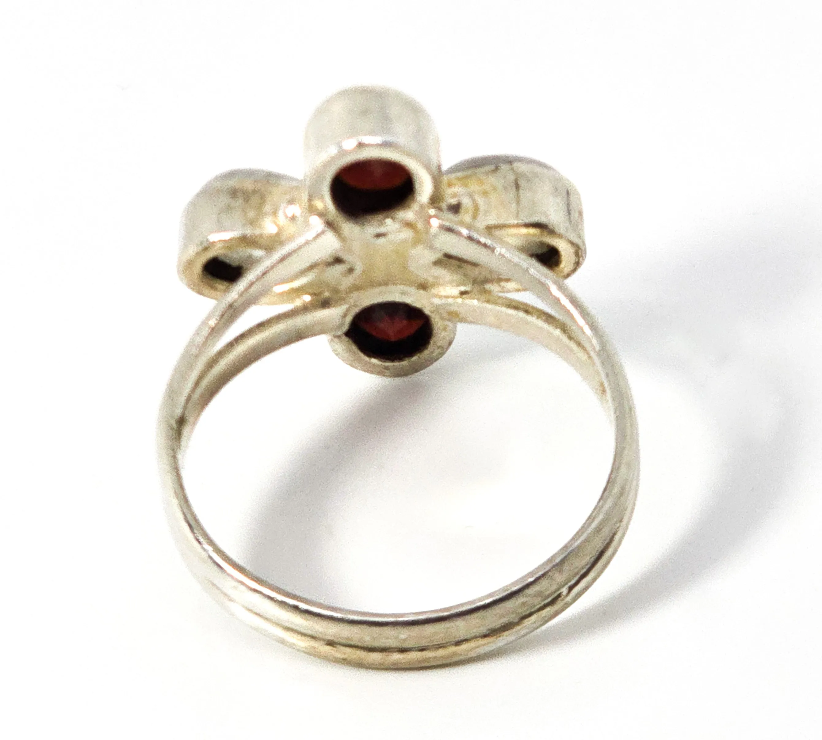 Flashy RainbowBlue Moonstone and garnet gemstone sterling silver ring size 8