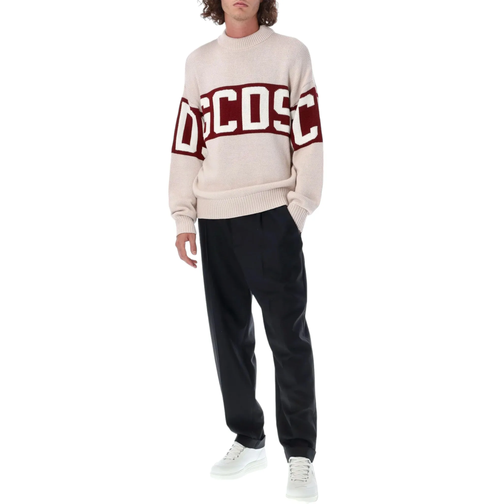 GCDS Wool Logo Band Sweater Beige