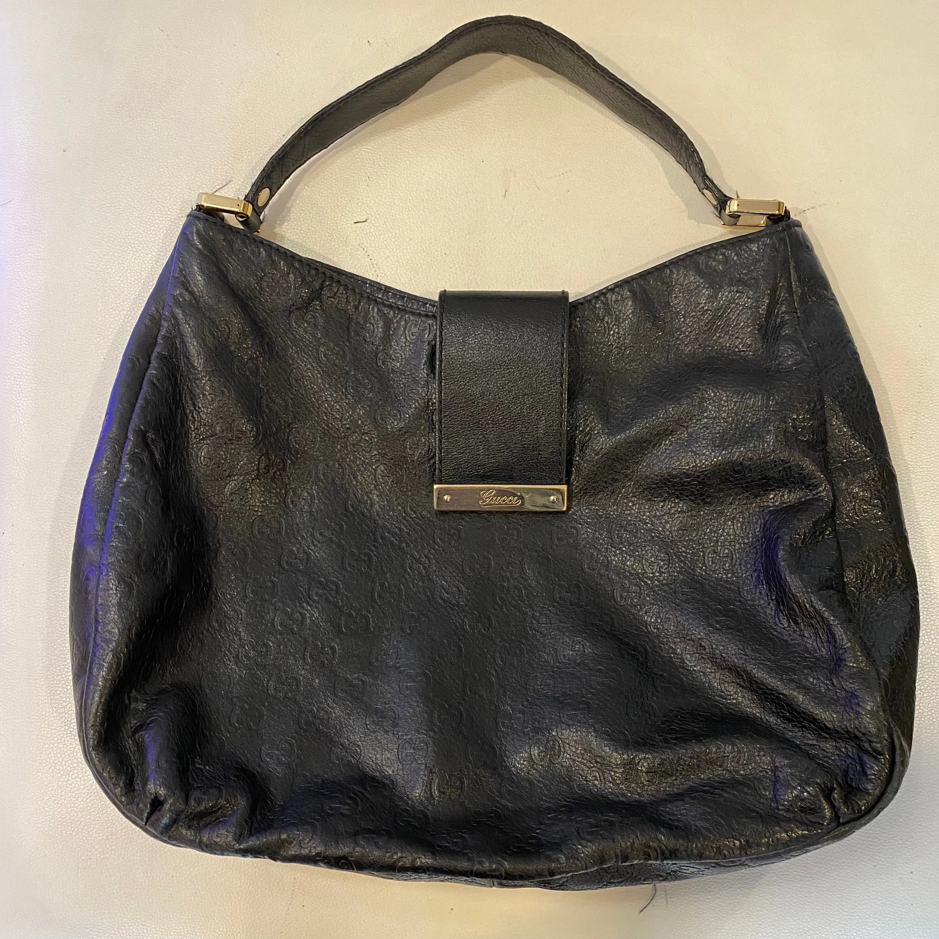 GUCCI Black GG Guccissima Hobo Leather One Shoulder Bag Purse 211933