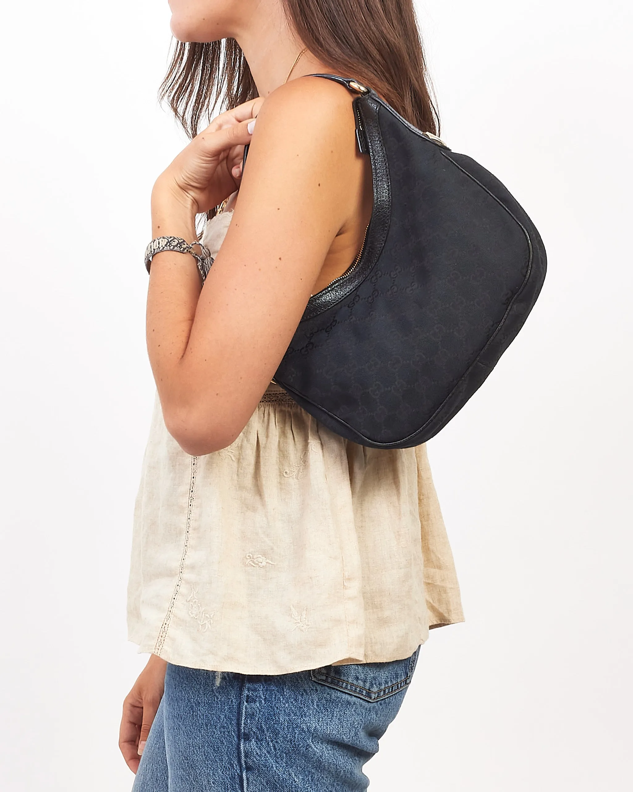 Gucci Black Monogram GG Canvas Small Hobo Bag