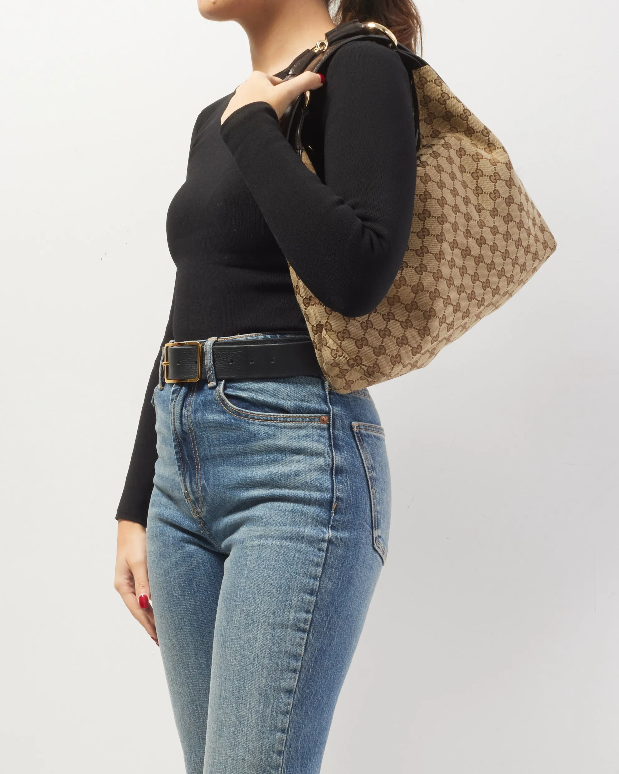Gucci Brown GG Monogram Canvas Horsebit Hobo Shoulder Bag