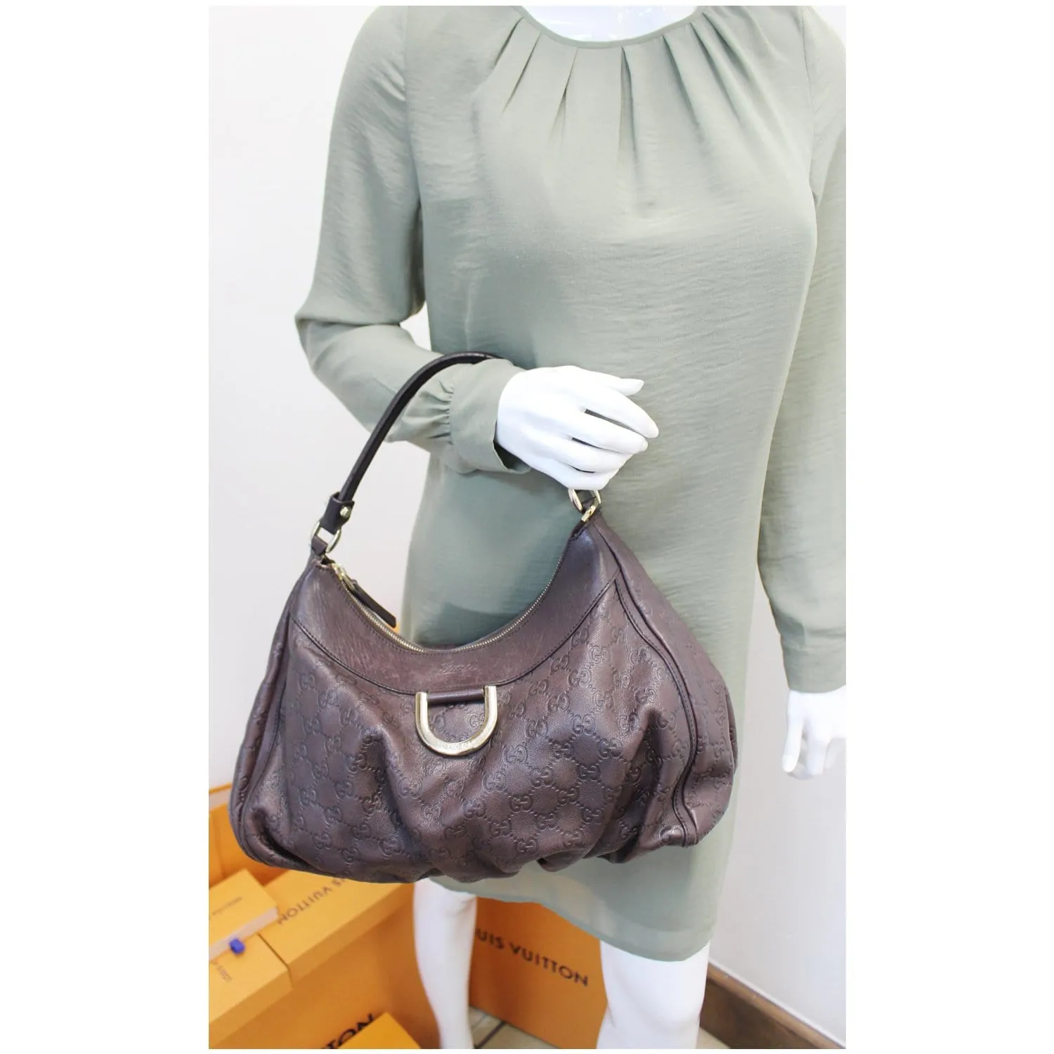 GUCCI D Ring Guccissima Leather Hobo Bag Brown 189833