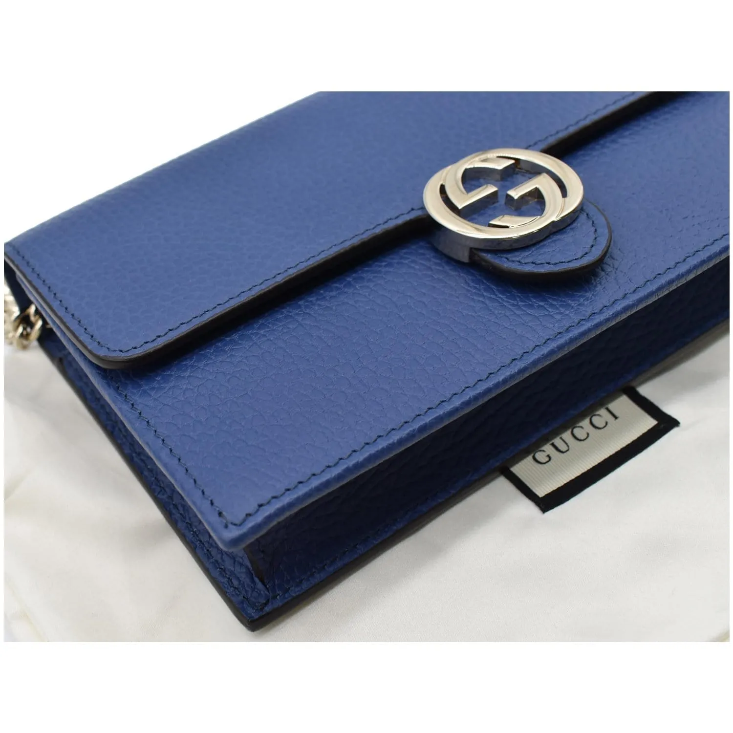 GUCCI Dollar Interlocking G Calfskin Leather Chain Wallet Crossbody Bag Blue 510314