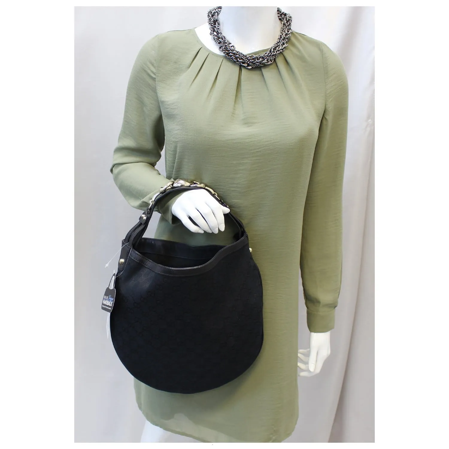 GUCCI GG Canvas Horsebit Medium Wave Hobo Bag Black