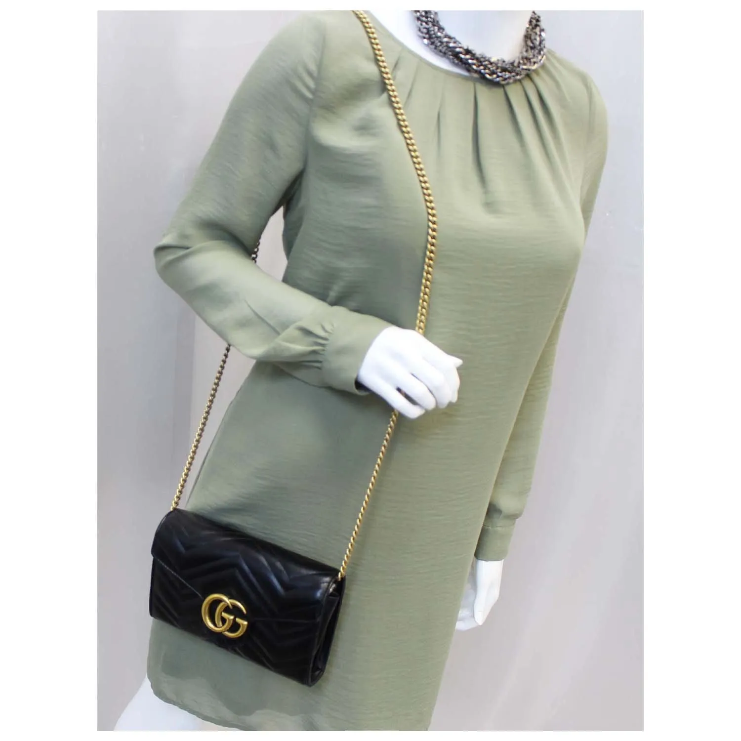 GUCCI GG Marmont Matelasse Black Leather Mini Crossbody Bag