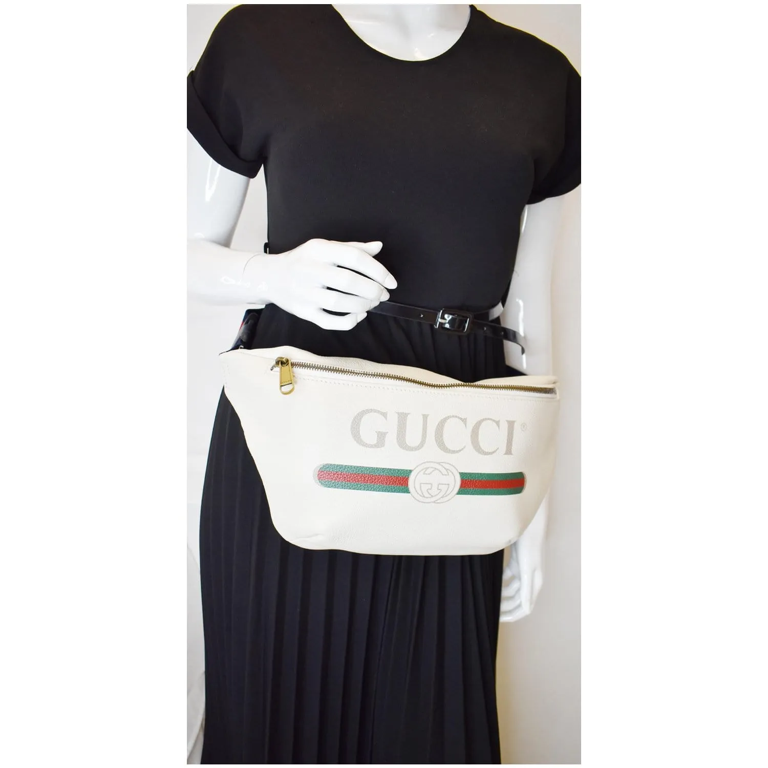 GUCCI Print Leather Medium Belt Waist Bum Bag White 530412