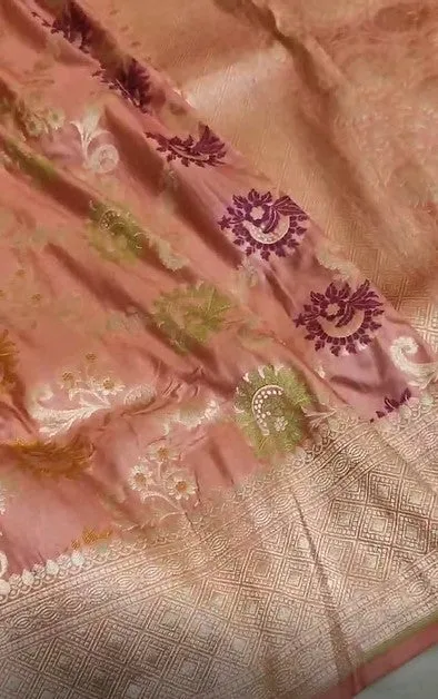 Handloom Woven Banarasi Khaddi Katan Meenakari Border Silk Saree