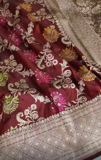 Handloom Woven Banarasi Khaddi Katan Meenakari Border Silk Saree