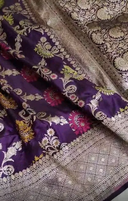 Handloom Woven Banarasi Khaddi Katan Meenakari Border Silk Saree