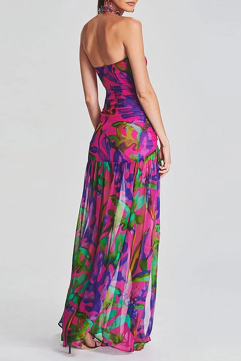 HBR1226 Strapless Abstract Maxi Dress