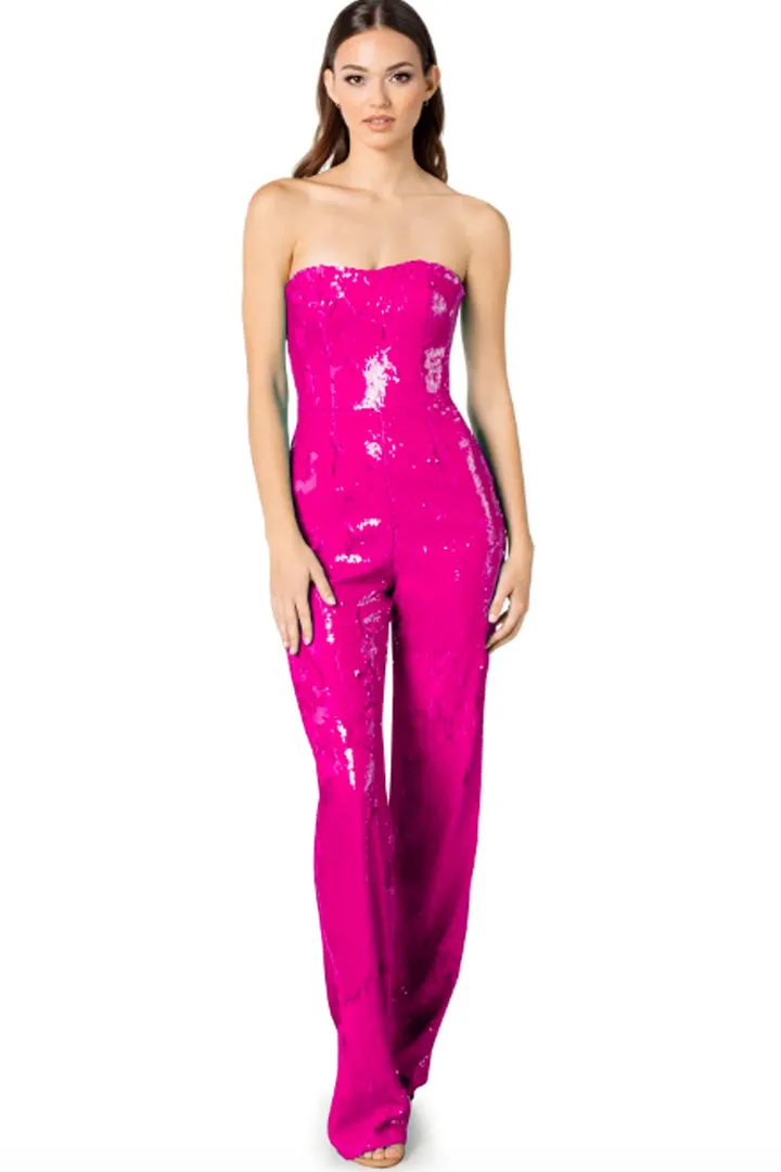 Hot Pink Sequin Jumpsuit by Dress The Population - RENTAL