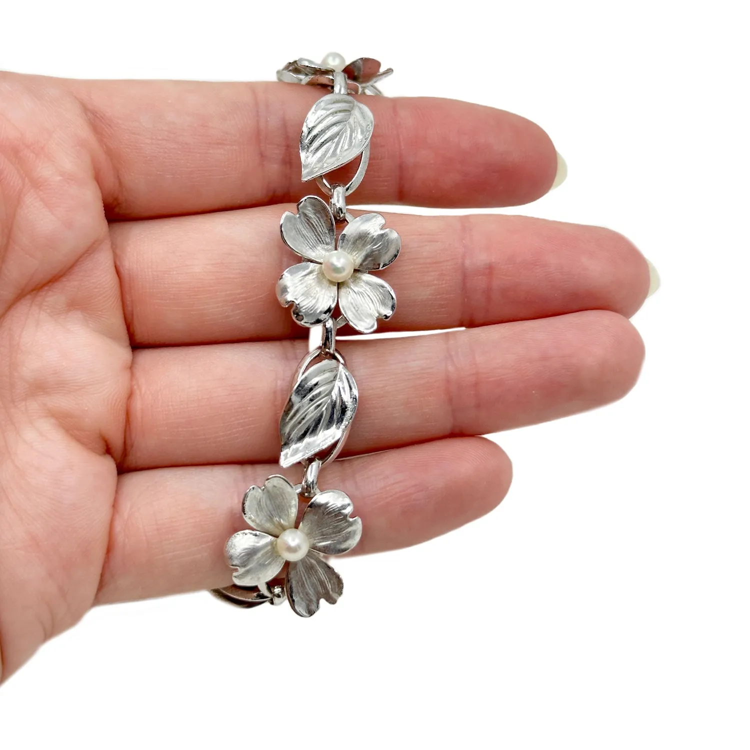 HSB Designer Dogwood Japanese Saltwater Akoya Cultured Pearl Link Flower Bracelet Harry S Bick - Sterling Silver