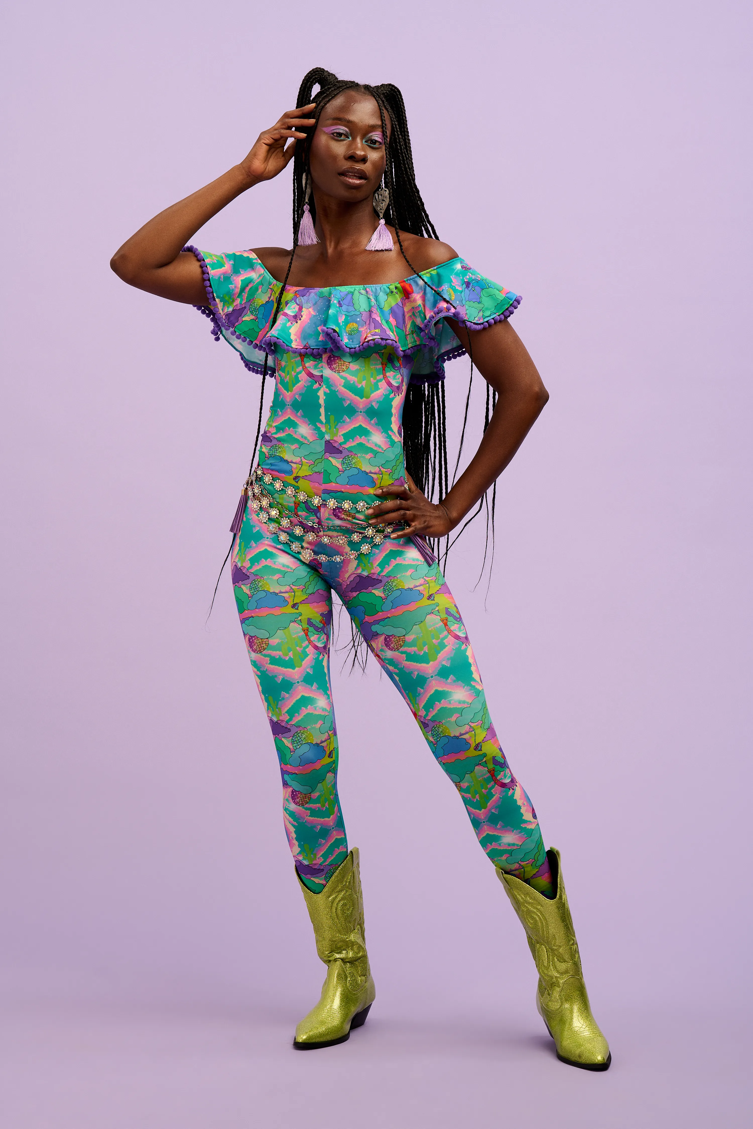 Intergalactic Rodeo Off The Shoulder Pom Pom Frill Catsuit