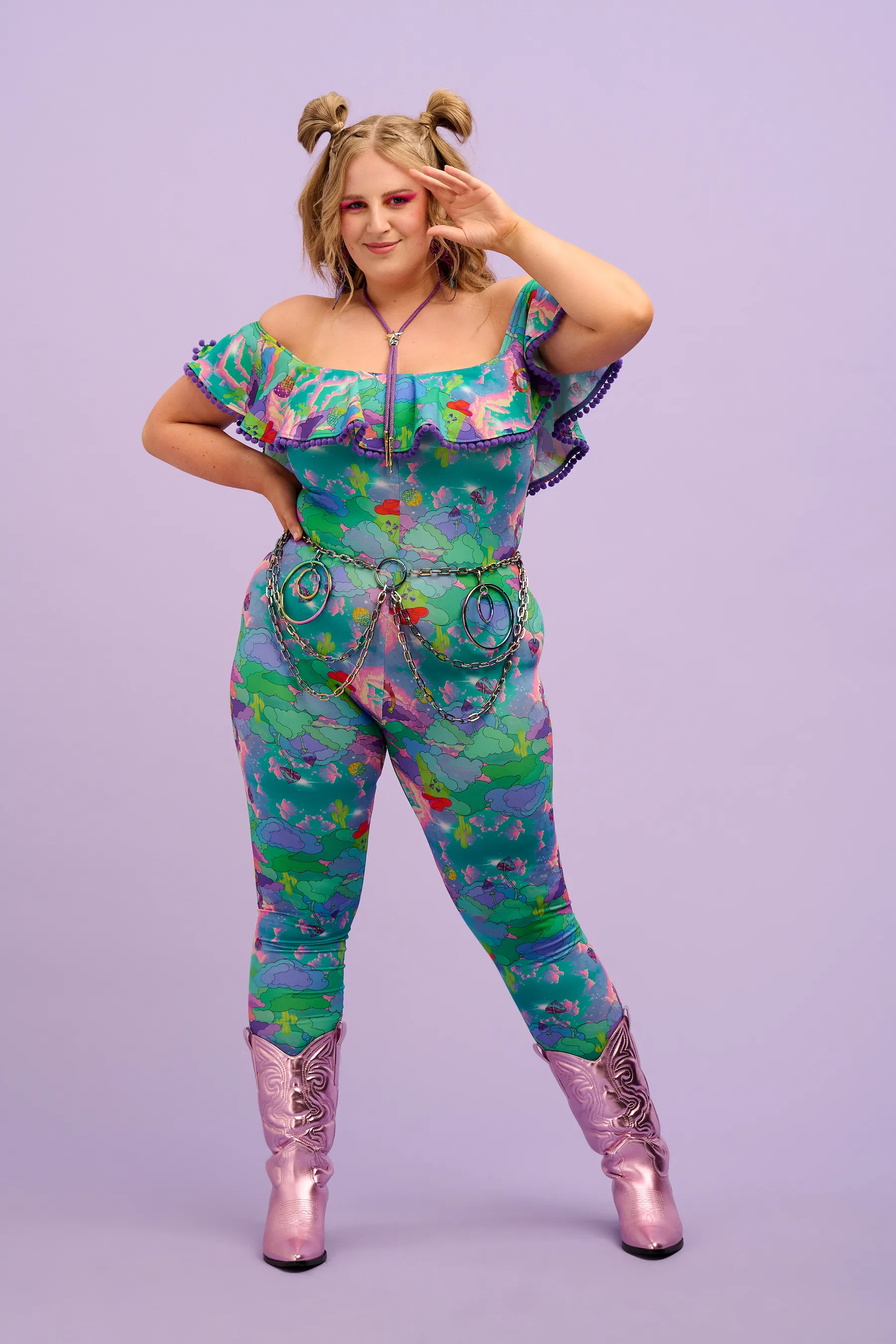 Intergalactic Rodeo Off The Shoulder Pom Pom Frill Catsuit