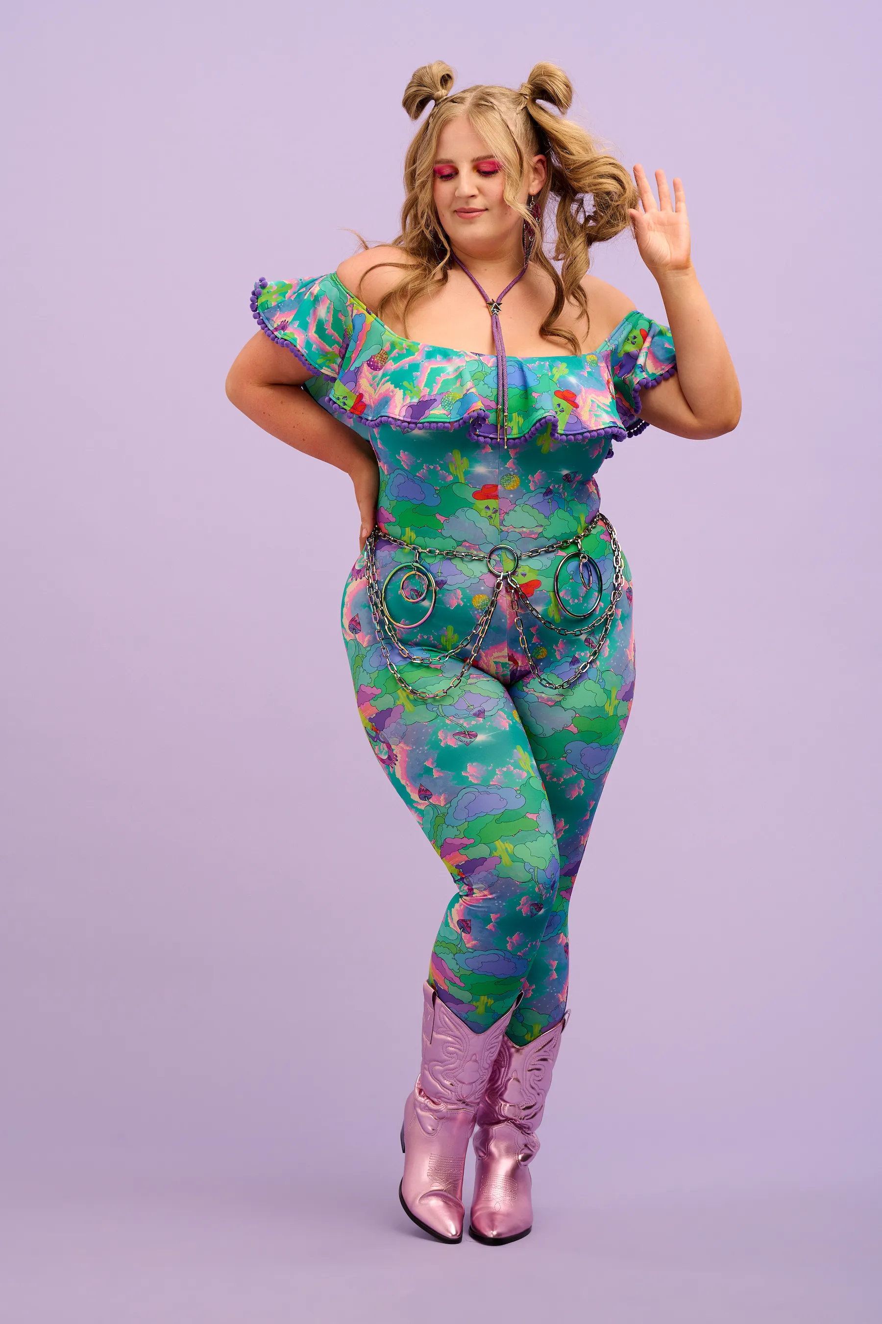 Intergalactic Rodeo Off The Shoulder Pom Pom Frill Catsuit