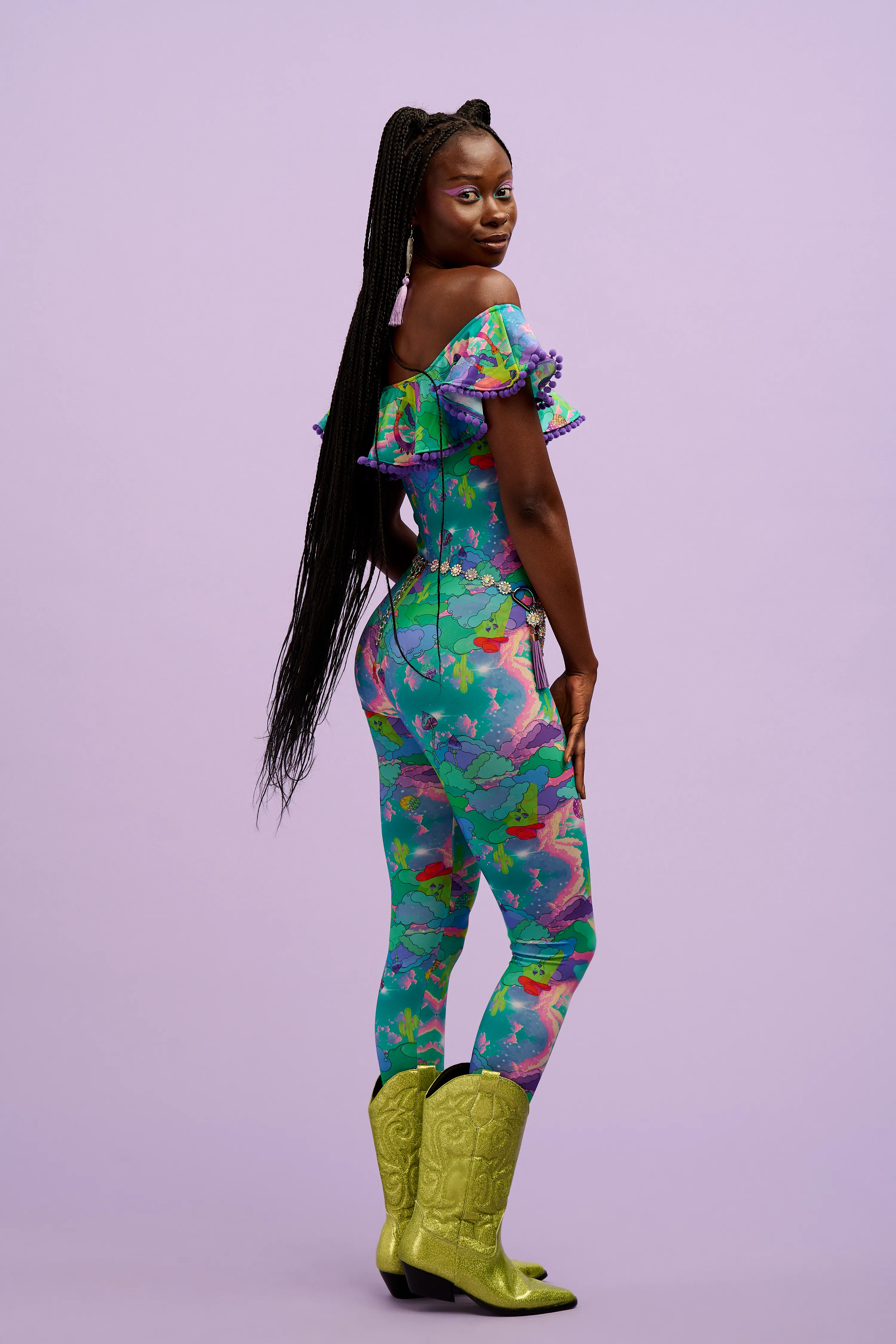 Intergalactic Rodeo Off The Shoulder Pom Pom Frill Catsuit