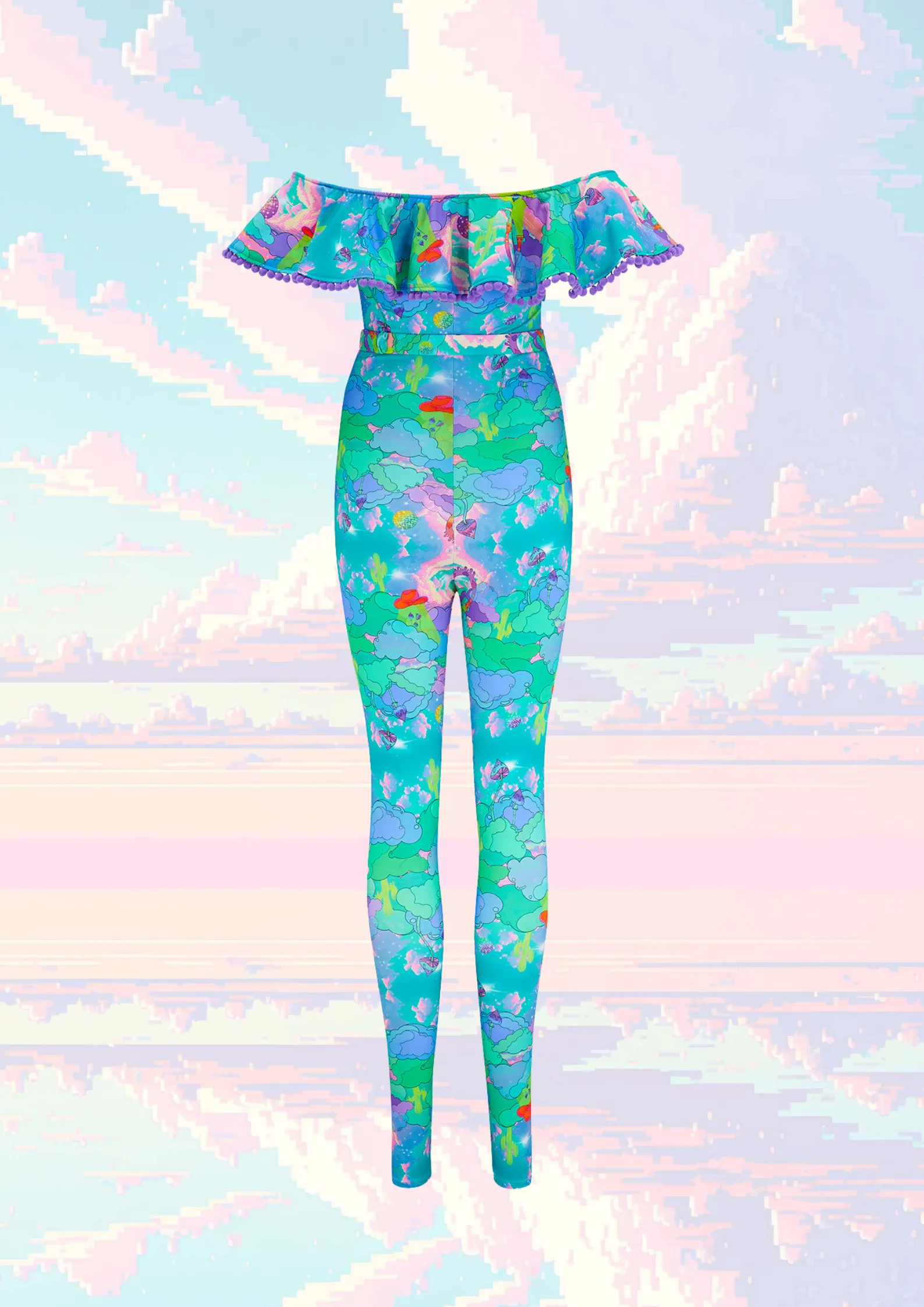 Intergalactic Rodeo Off The Shoulder Pom Pom Frill Catsuit