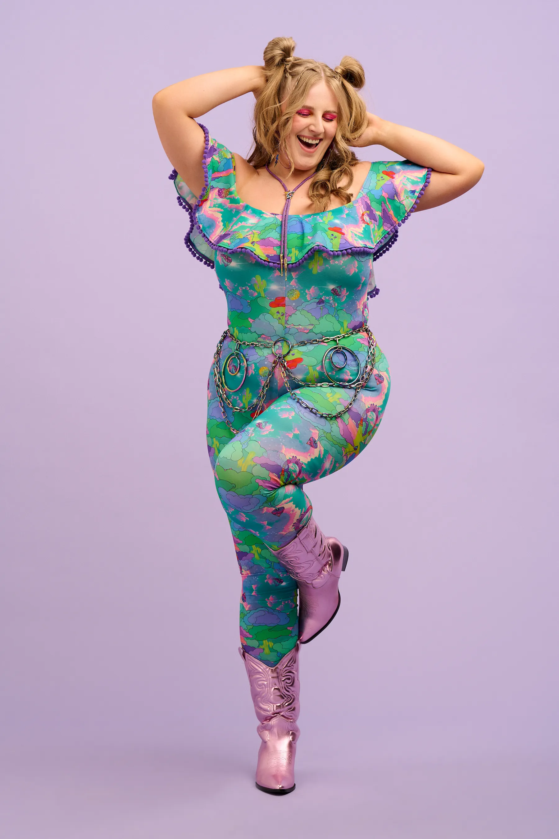 Intergalactic Rodeo Off The Shoulder Pom Pom Frill Catsuit