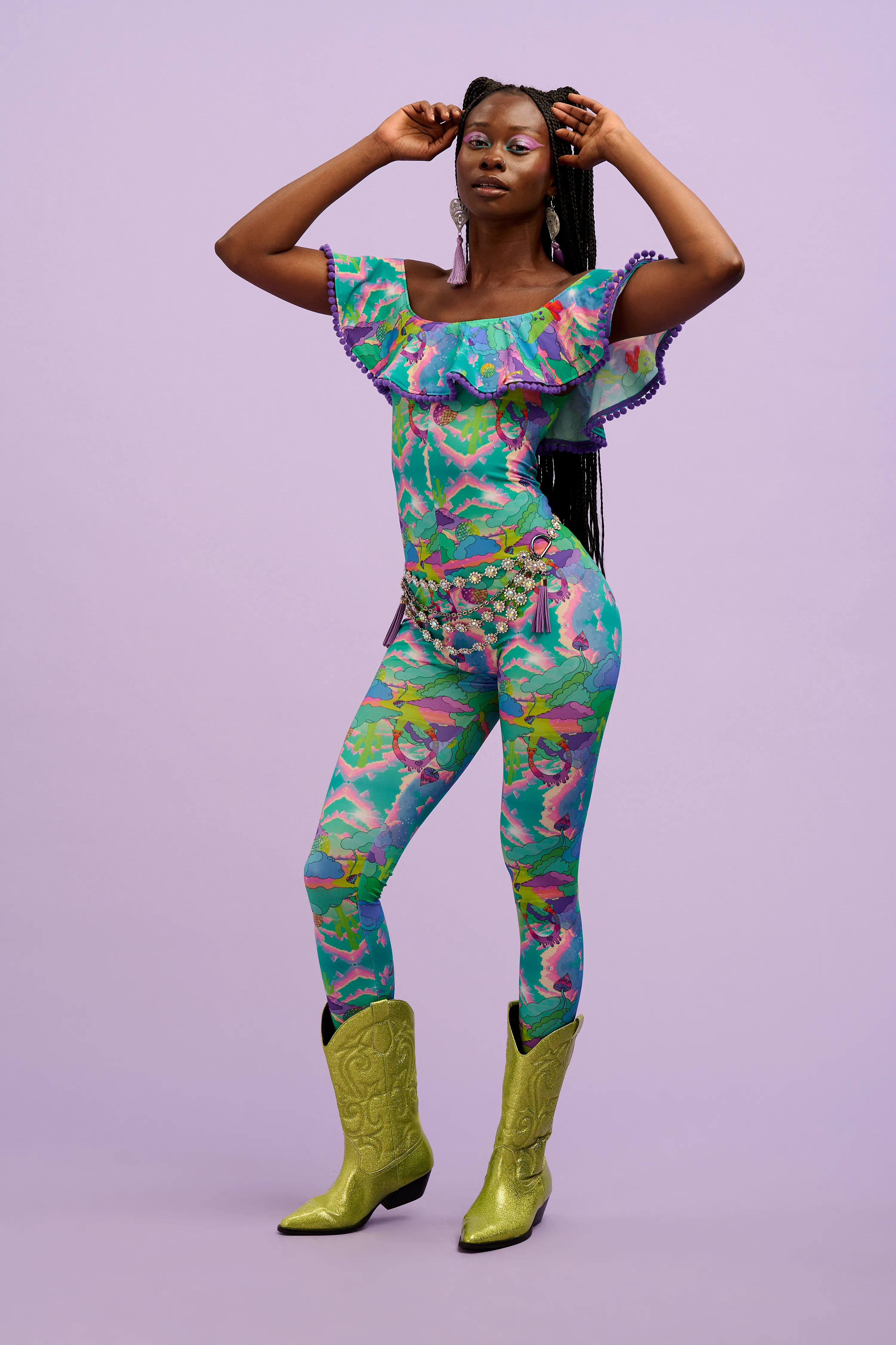Intergalactic Rodeo Off The Shoulder Pom Pom Frill Catsuit