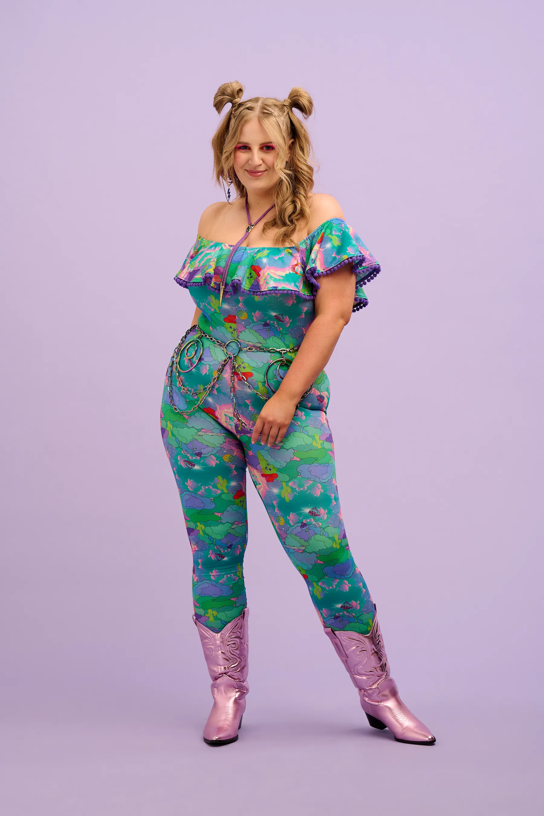 Intergalactic Rodeo Off The Shoulder Pom Pom Frill Catsuit