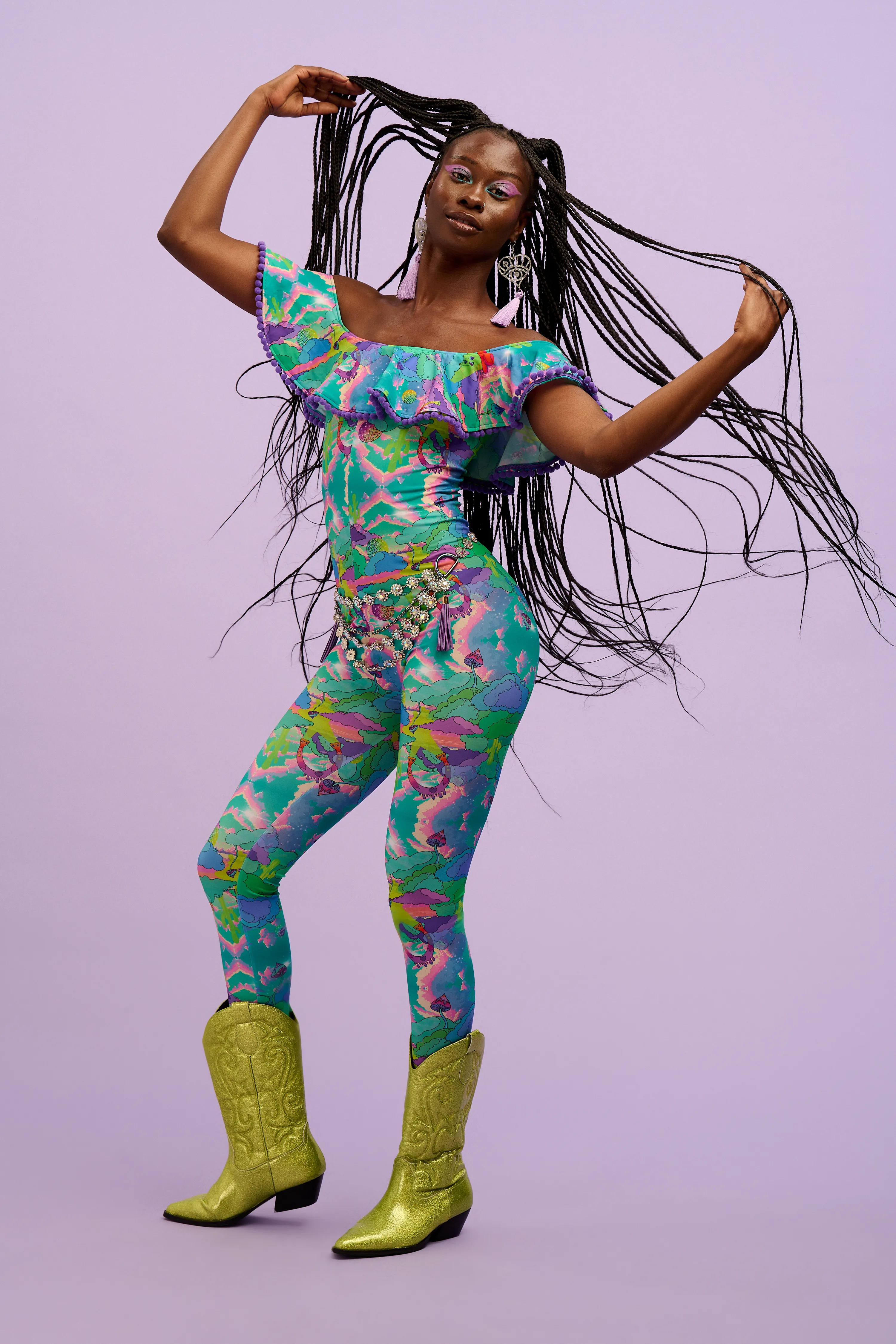 Intergalactic Rodeo Off The Shoulder Pom Pom Frill Catsuit