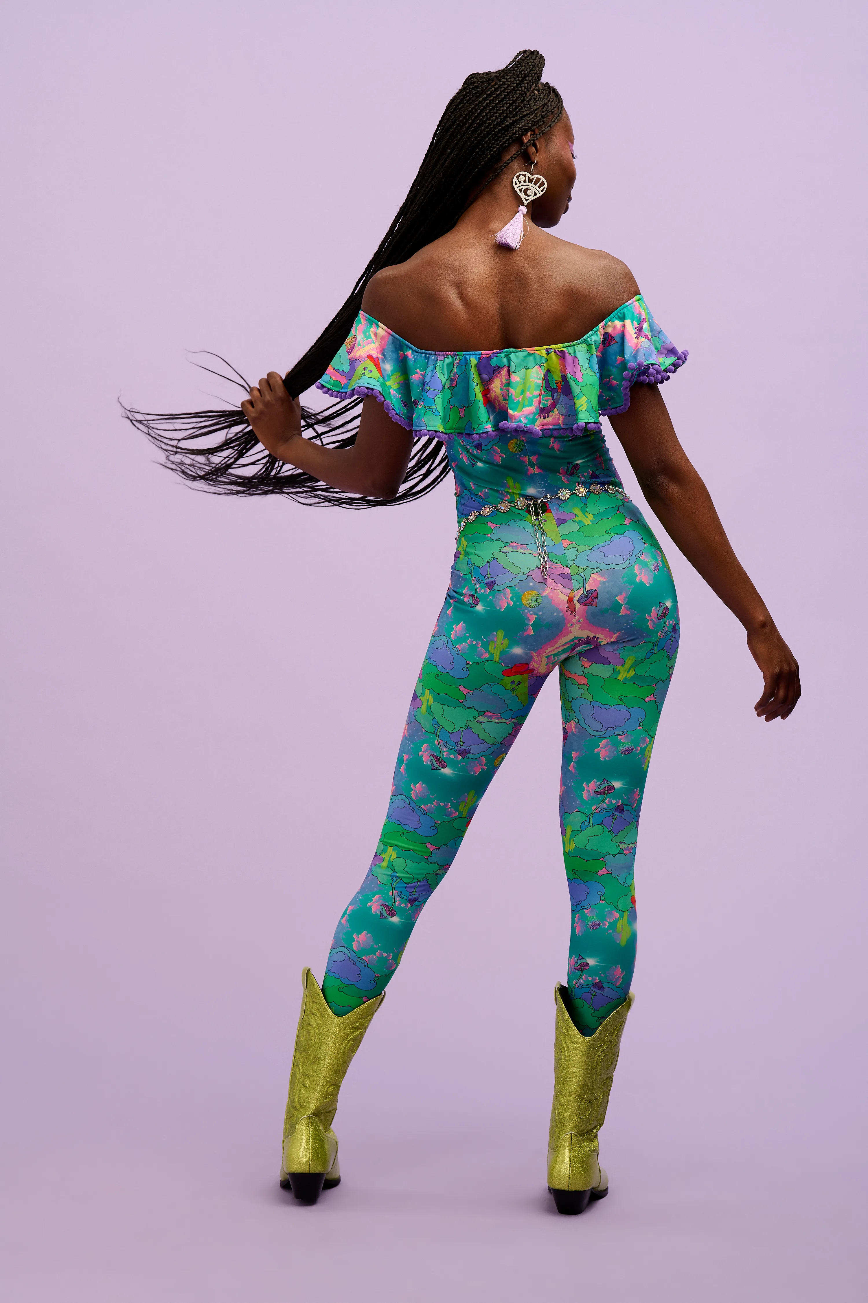 Intergalactic Rodeo Off The Shoulder Pom Pom Frill Catsuit
