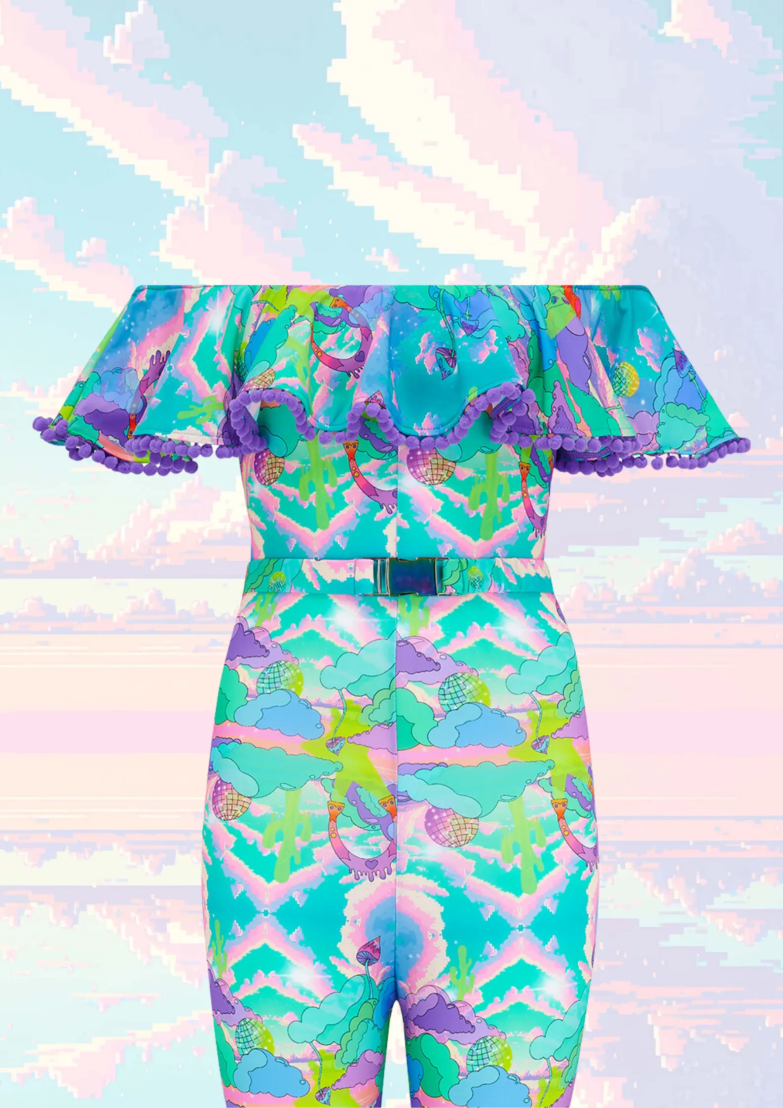 Intergalactic Rodeo Off The Shoulder Pom Pom Frill Catsuit