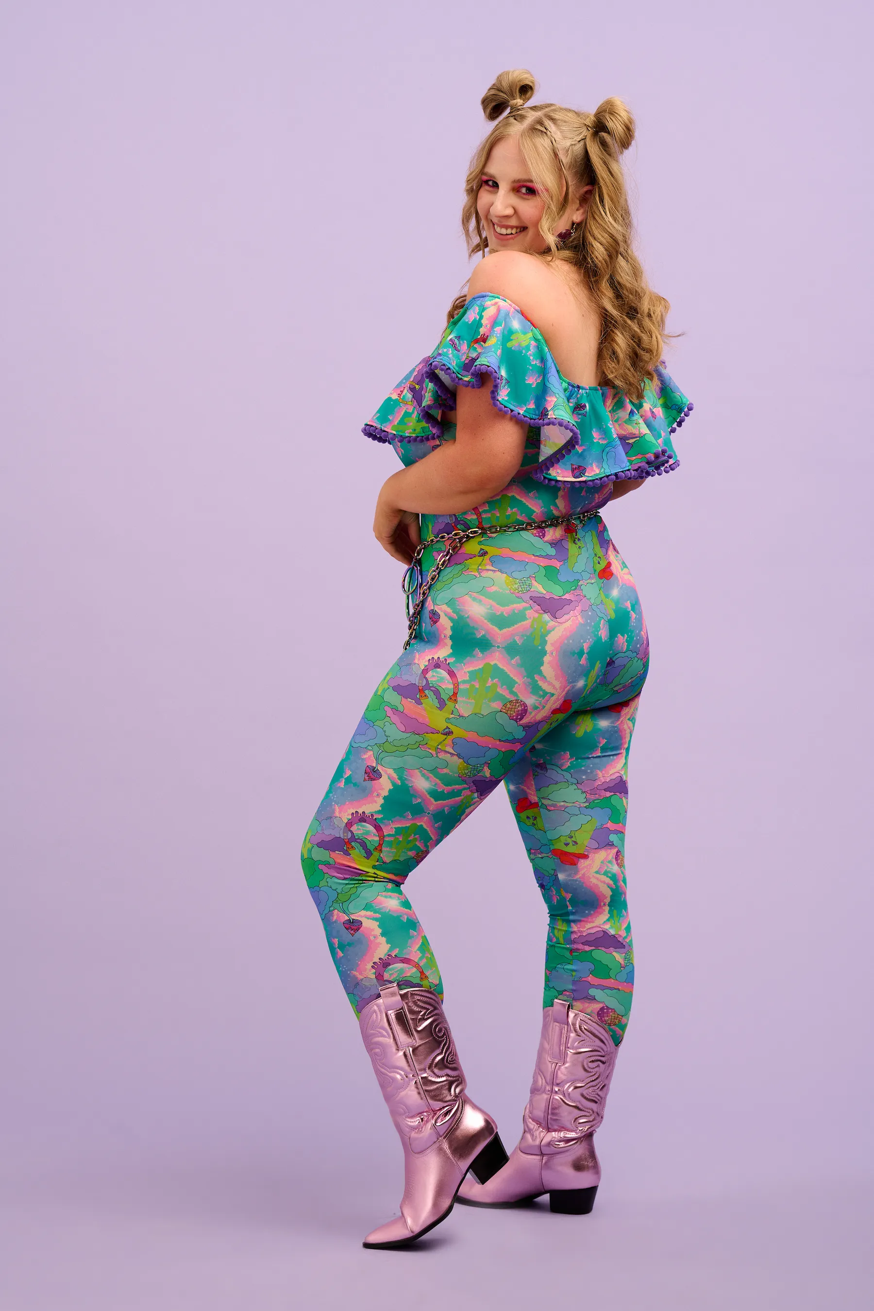 Intergalactic Rodeo Off The Shoulder Pom Pom Frill Catsuit