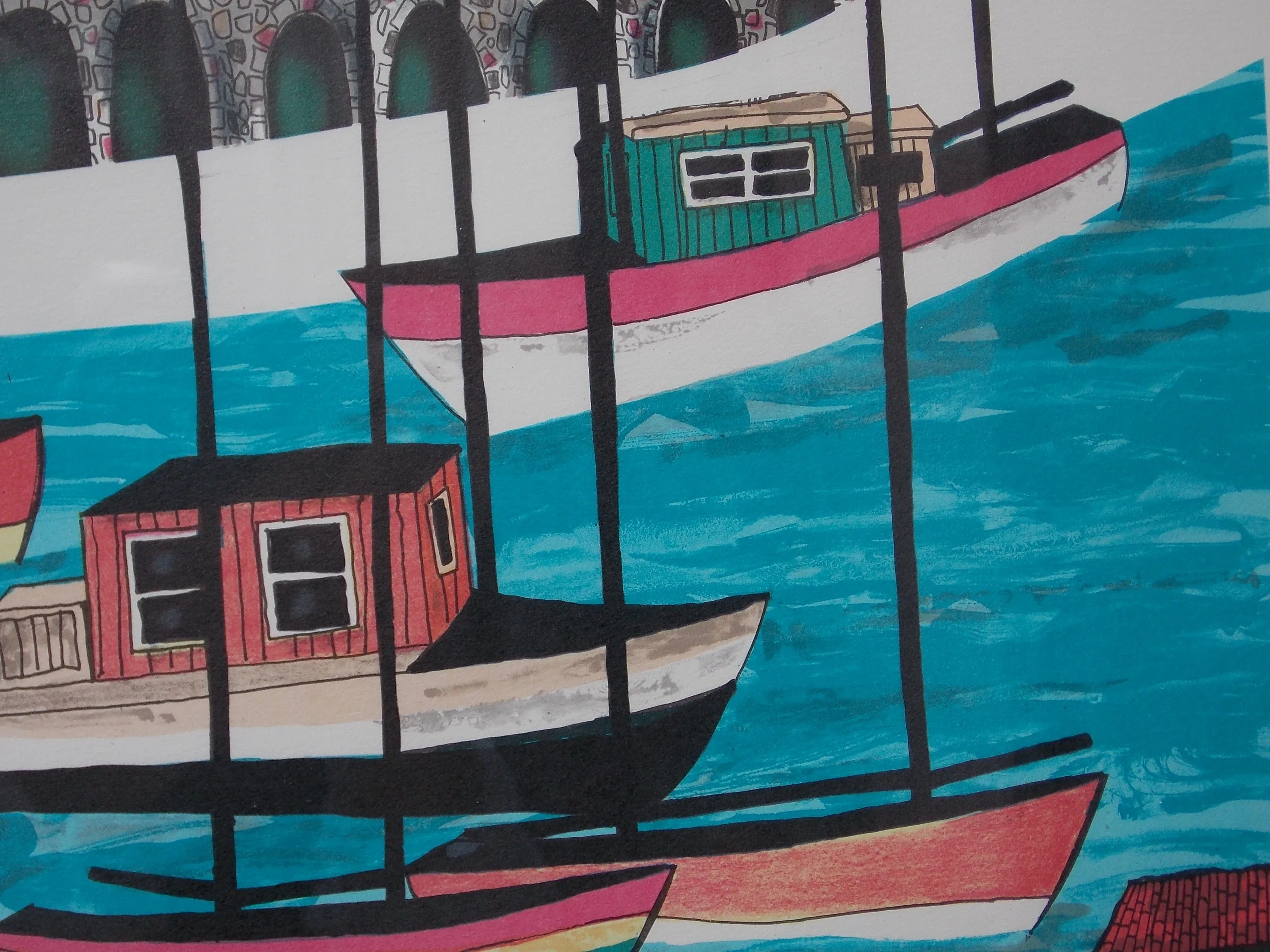Italian Riviera Colorful Drawing Lithograph, Signed, Framed