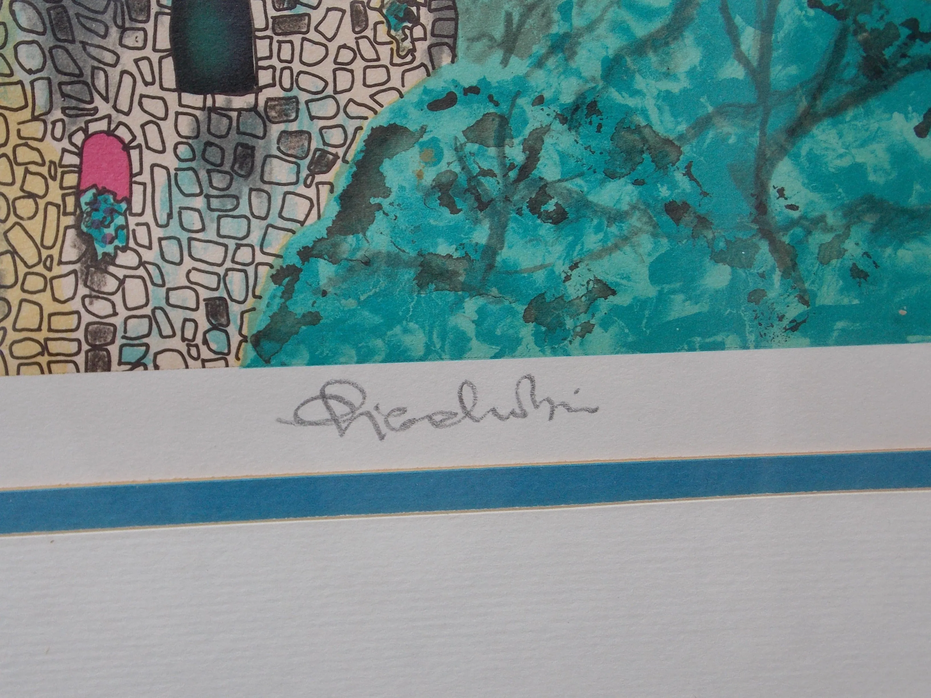 Italian Riviera Colorful Drawing Lithograph, Signed, Framed