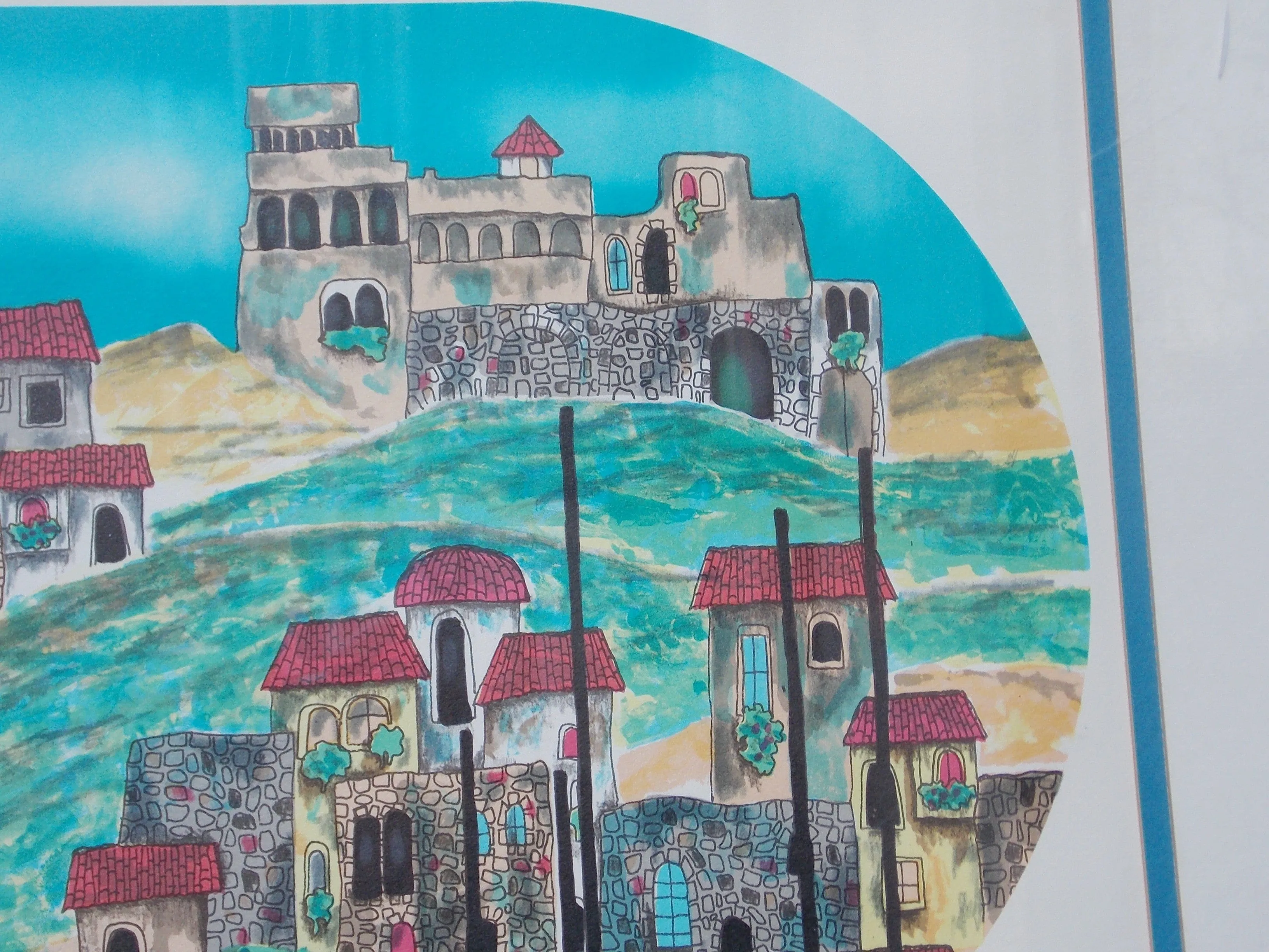 Italian Riviera Colorful Drawing Lithograph, Signed, Framed