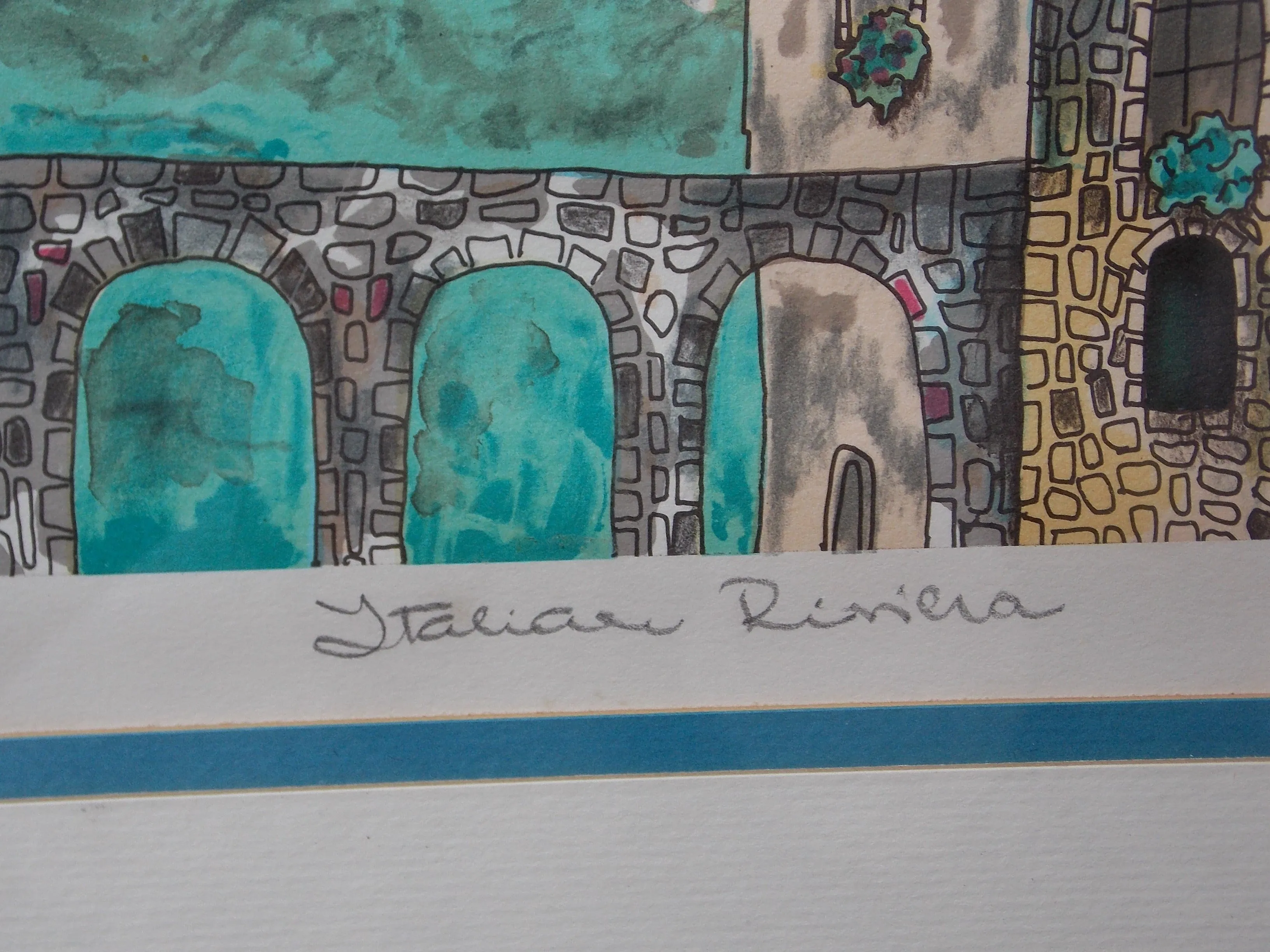 Italian Riviera Colorful Drawing Lithograph, Signed, Framed