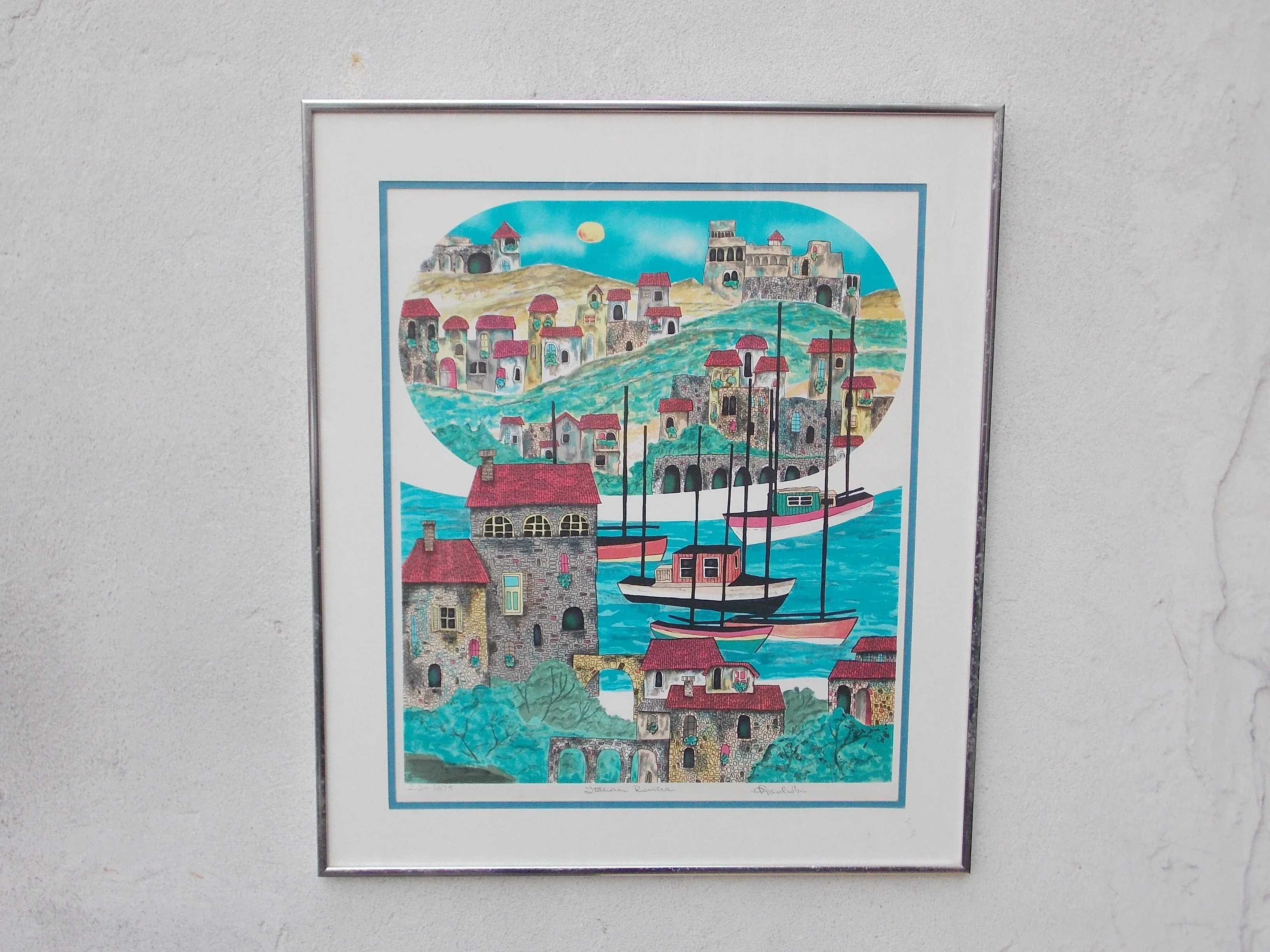 Italian Riviera Colorful Drawing Lithograph, Signed, Framed