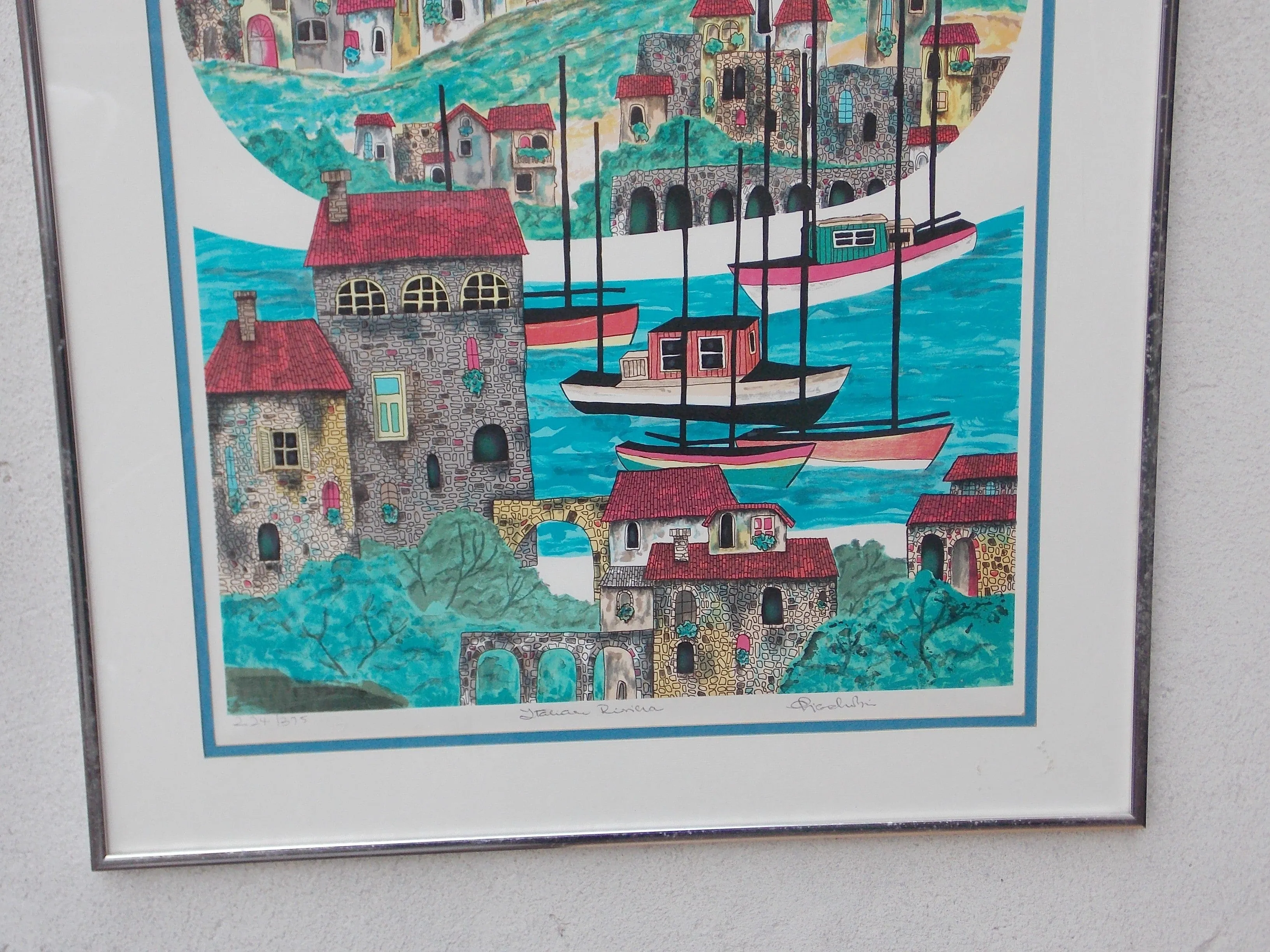 Italian Riviera Colorful Drawing Lithograph, Signed, Framed