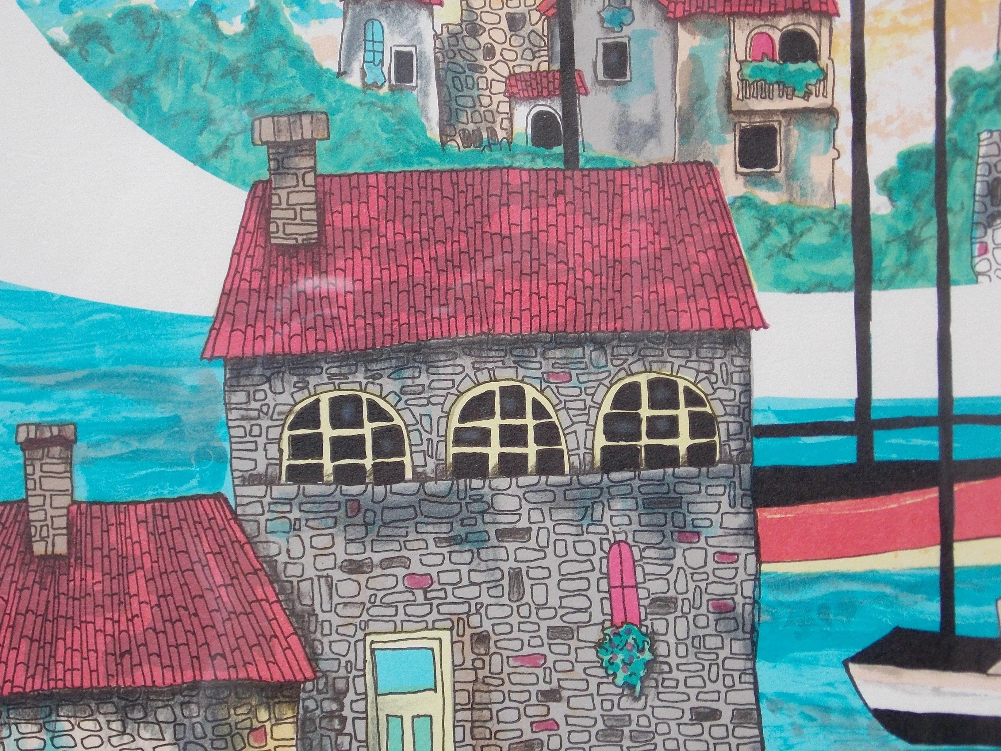 Italian Riviera Colorful Drawing Lithograph, Signed, Framed