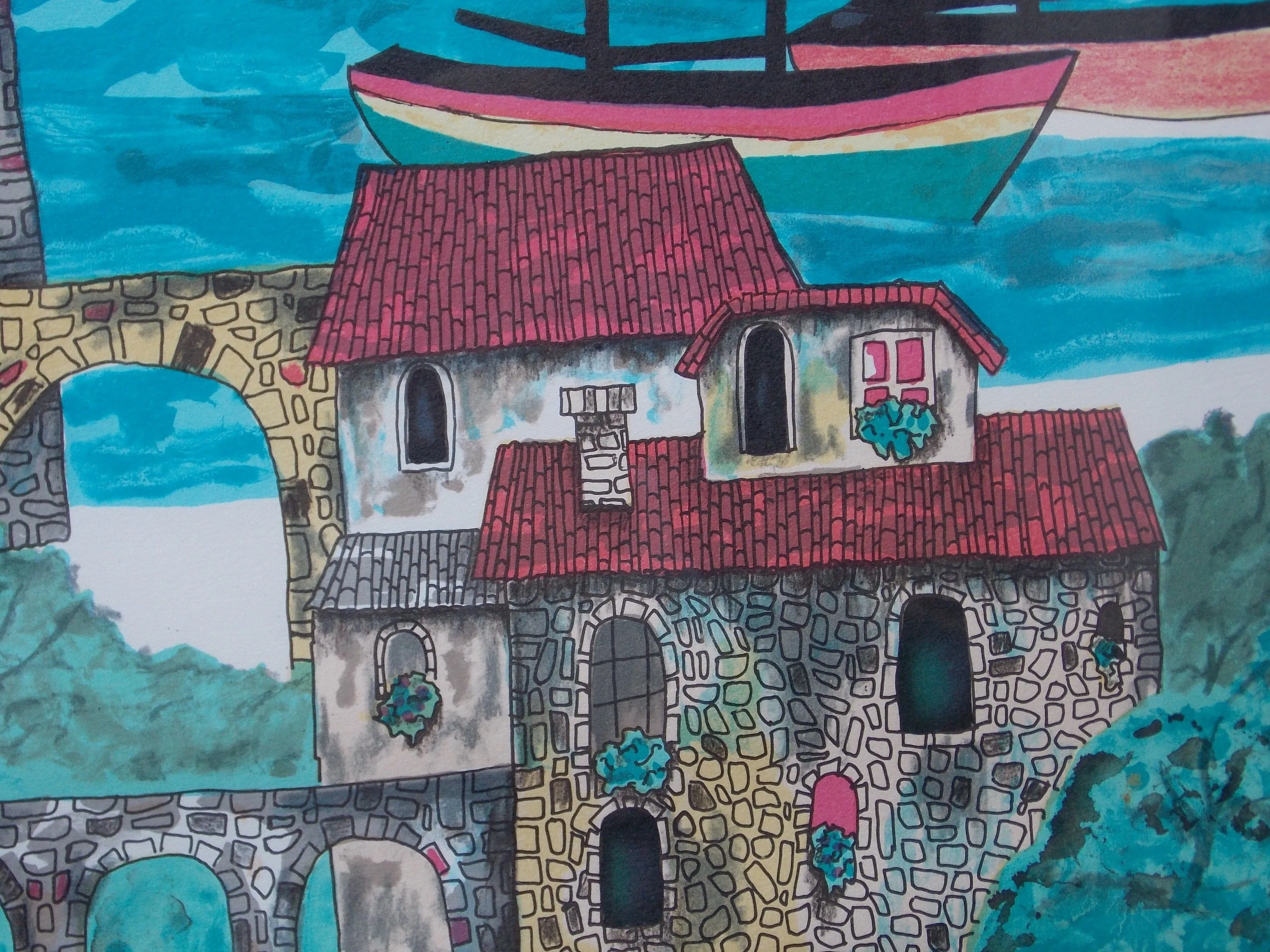 Italian Riviera Colorful Drawing Lithograph, Signed, Framed