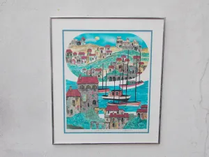 Italian Riviera Colorful Drawing Lithograph, Signed, Framed