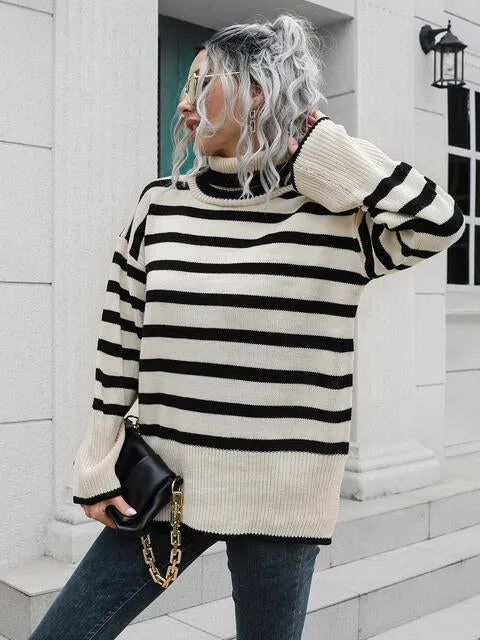 Jill Striped Slit Turtleneck Drop Shoulder Sweater