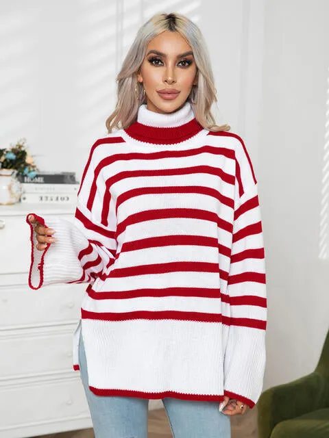 Jill Striped Slit Turtleneck Drop Shoulder Sweater