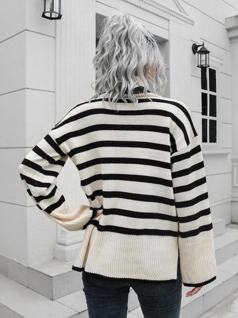 Jill Striped Slit Turtleneck Drop Shoulder Sweater