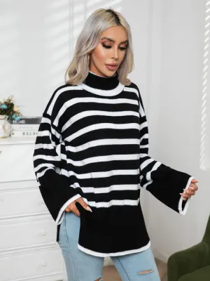 Jill Striped Slit Turtleneck Drop Shoulder Sweater