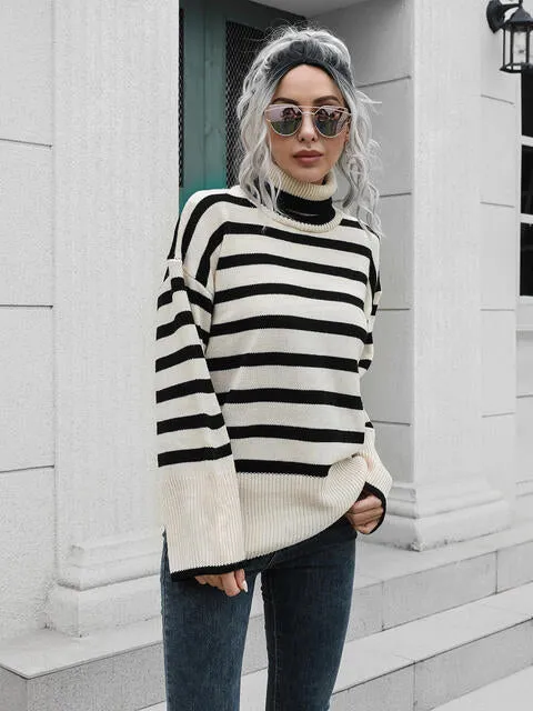 Jill Striped Slit Turtleneck Drop Shoulder Sweater