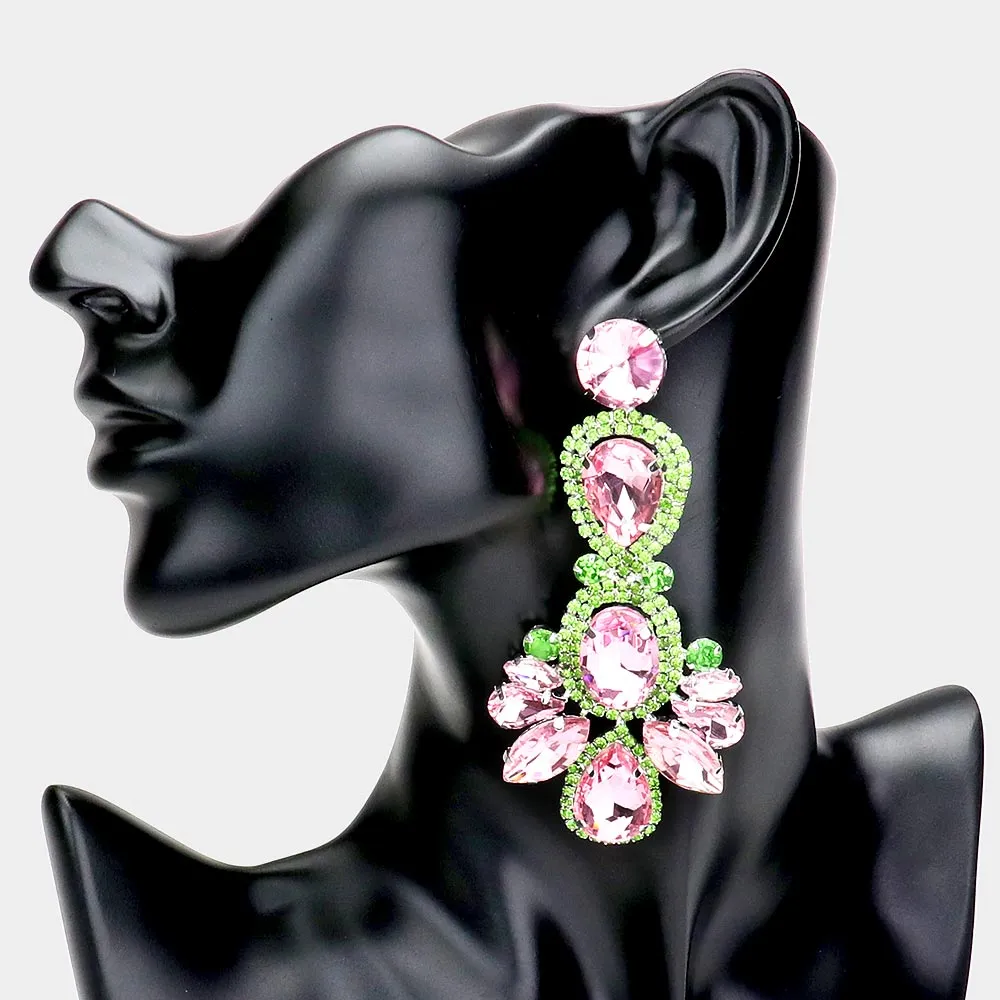 Large Pink and Green Crystal Rhinestone Statement Pageant Earrings  | 521519
