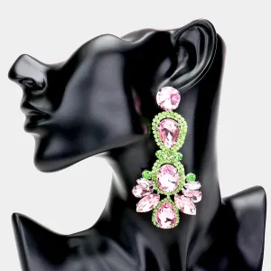 Large Pink and Green Crystal Rhinestone Statement Pageant Earrings  | 521519