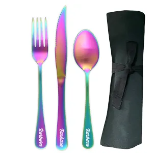 Large Traditional Travel Flatware Set with Steak Knife (Satin Rainbow)