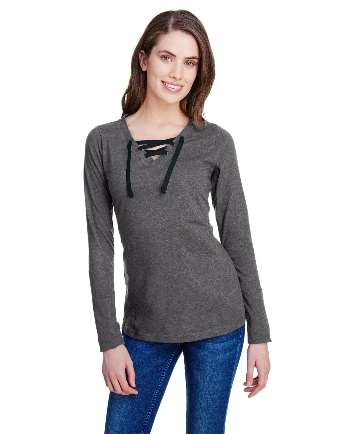 LAT Ladies Long Sleeve Fine Jersey Lace-Up T-Shirt