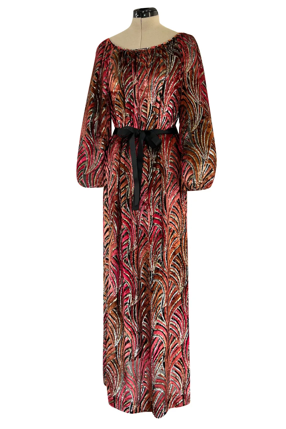 Late 1970s Possible Oscar de la Renta Metallic Gold & Fused Silk Velvet Dress
