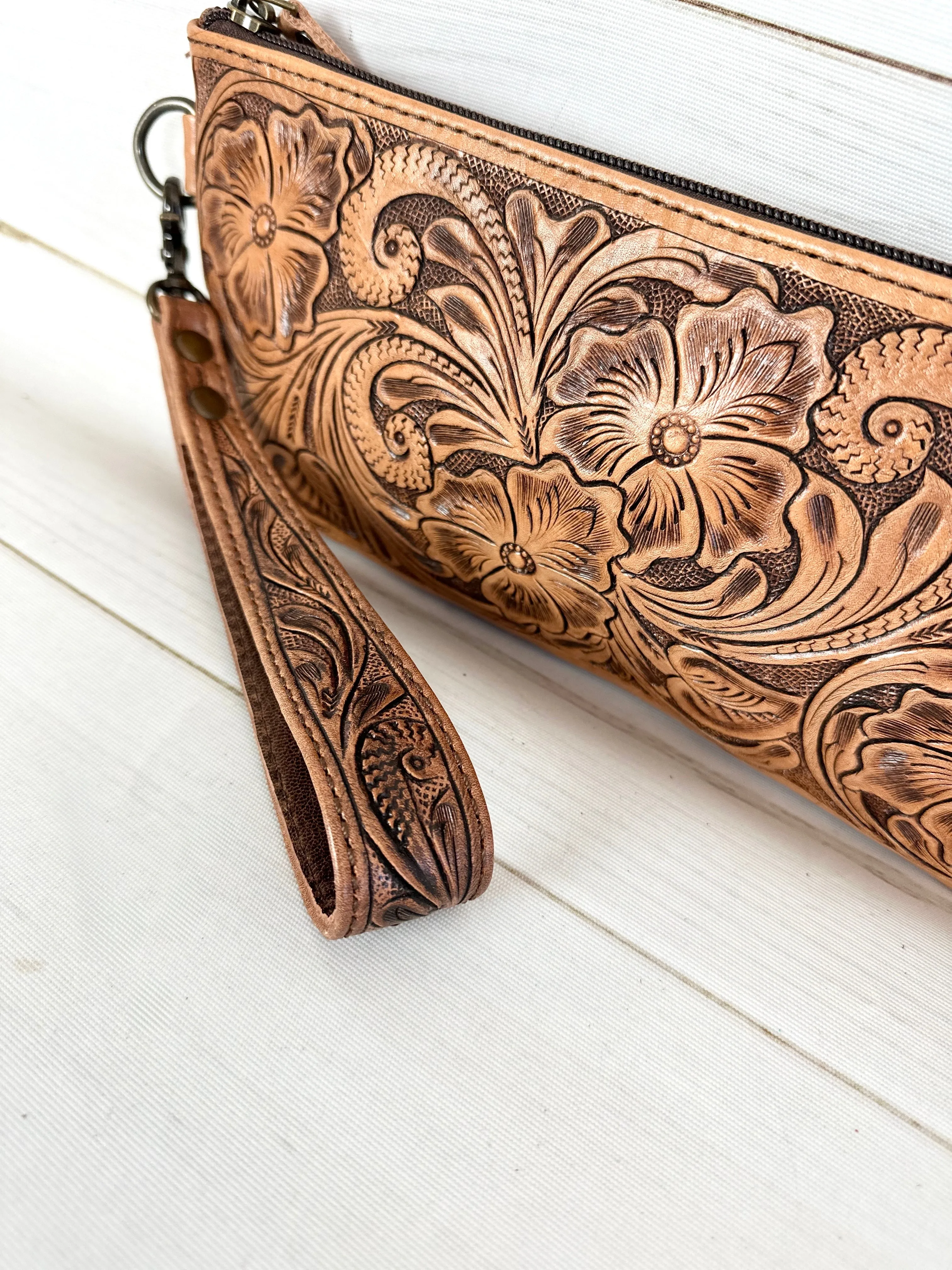 Leather Floral Tooled Long Wristlet Bag - Clutch